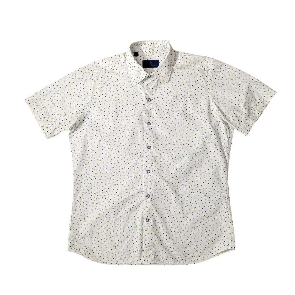 David Donahue Shirt Frog Polka Dot Print Short Sleeve Cotton Preppy White Sz‎ L